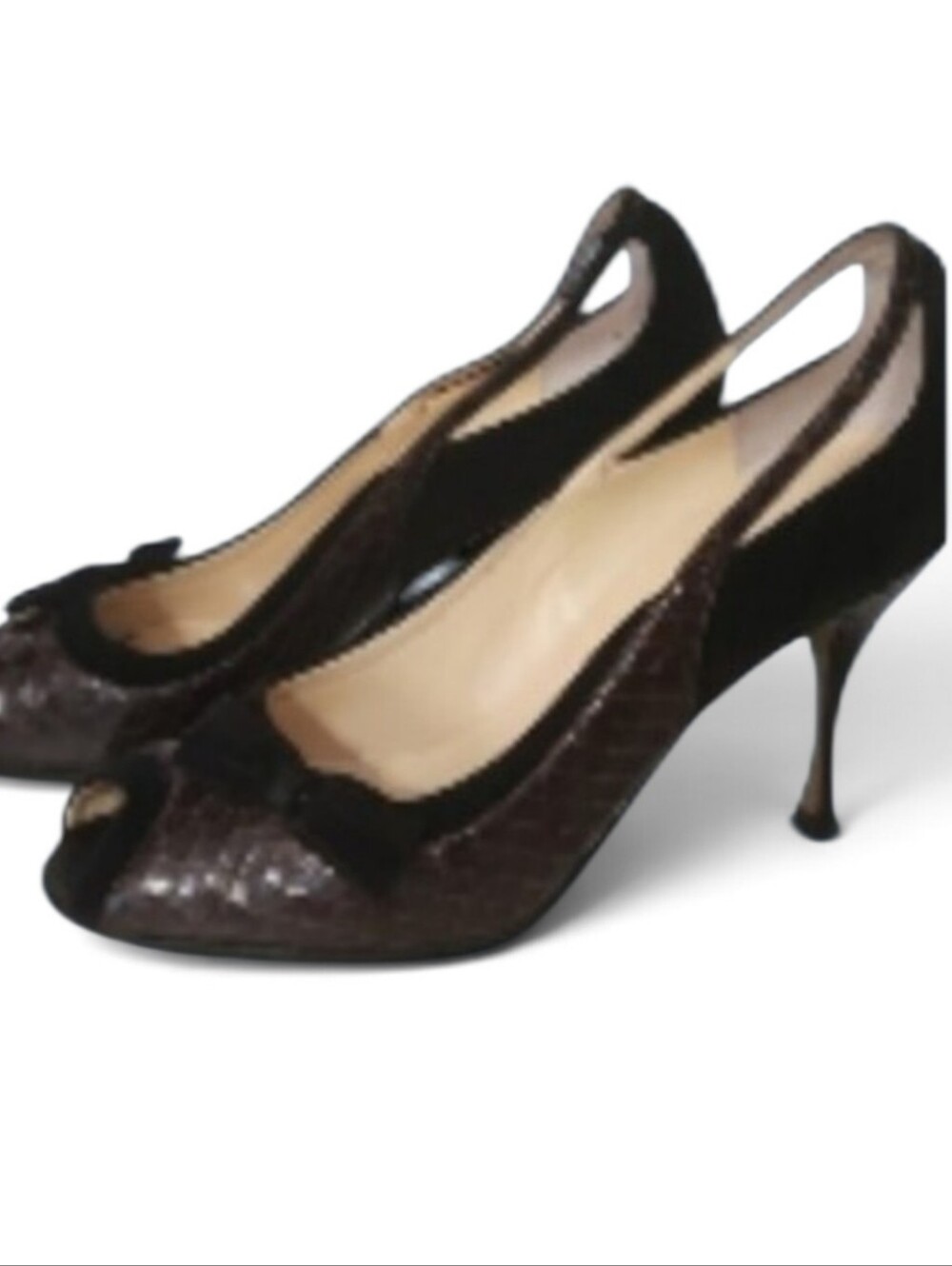 DOLCE & GABBANA Brown Snakeskin With Black Velvet Bows. Peep Toe 3 Inch Heels